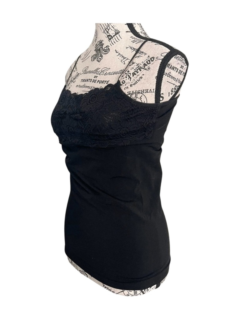 Patricia Black Lace Trim Cami Top Y2K Soft Goth Stretch Slim Fit Layering Large - Picture 2 of 4